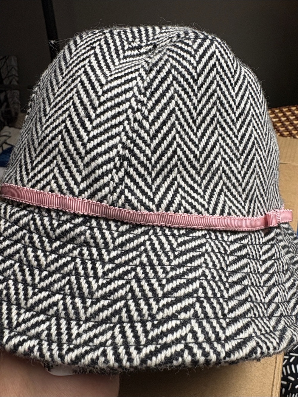 J. Crew Black & White Herringbone Bucket Hat with Pink Ribbon - Picture 10 of 16